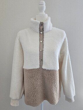 Calvin Klein Sherpa Pullover Colorblock Ivory Taupe Snap Front Size M NWOT